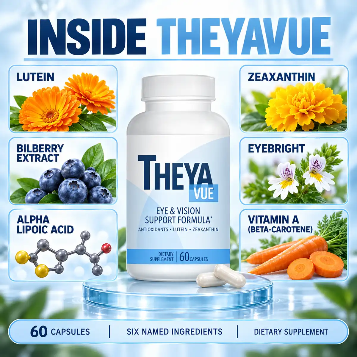 Inside TheYavue: lutein, zeaxanthin, bilberry extract, eyebright, alpha lipoic acid and vitamin A from beta-carotene